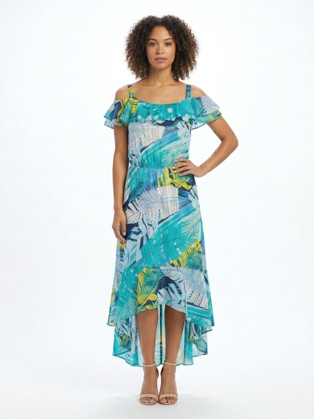 Roz & Ali Tropical Off-the-Shoulder High-Low Maxi Dress